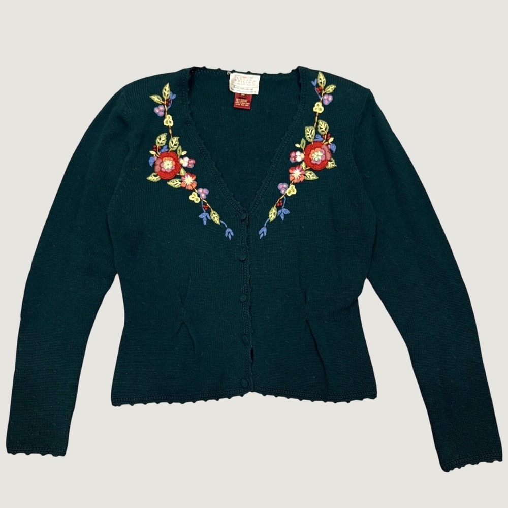 VTG 90s Susan Bristol Embroidered Floral Cardigan Forest Green Granny Cottage MP